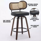 Homy Casa - Ensemble de 3 tabourets de bar pivotants à hauteur de comptoir, dossier en rotin avec assise rembourrée, pieds en bois de noyer, hauteur d'assise de 65 cm