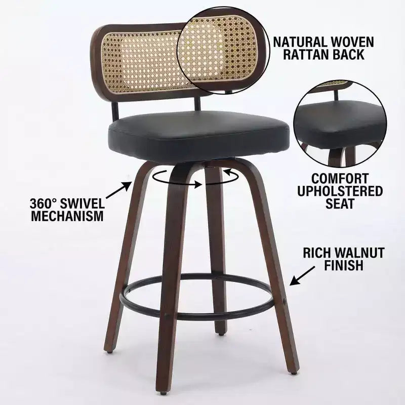 Homy Casa - Ensemble de 3 tabourets de bar pivotants à hauteur de comptoir, dossier en rotin avec assise rembourrée, pieds en bois de noyer, hauteur d'assise de 65 cm