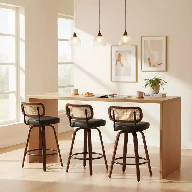 Homy Casa - Ensemble de 3 tabourets de bar pivotants à hauteur de comptoir, dossier en rotin avec assise rembourrée, pieds en bois de noyer, hauteur d'assise de 65 cm