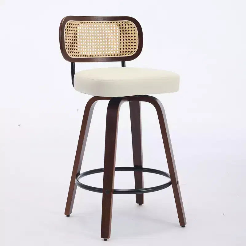 Homy Casa - Ensemble de 3 tabourets de bar pivotants à hauteur de comptoir, dossier en rotin avec assise rembourrée, pieds en bois de noyer, hauteur d'assise de 65 cm