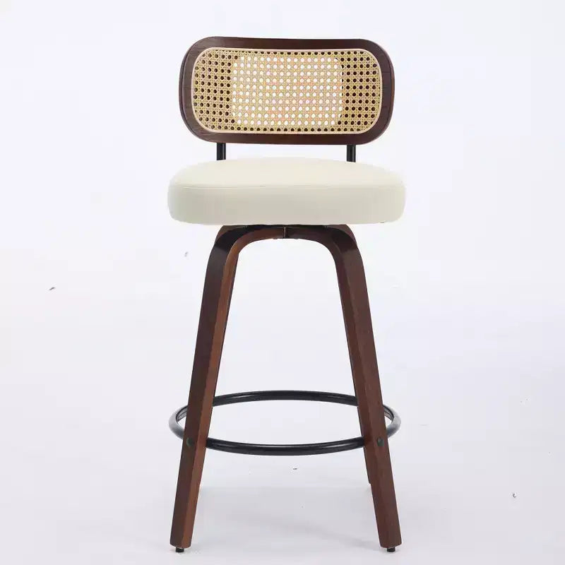 Homy Casa - Ensemble de 3 tabourets de bar pivotants à hauteur de comptoir, dossier en rotin avec assise rembourrée, pieds en bois de noyer, hauteur d'assise de 65 cm