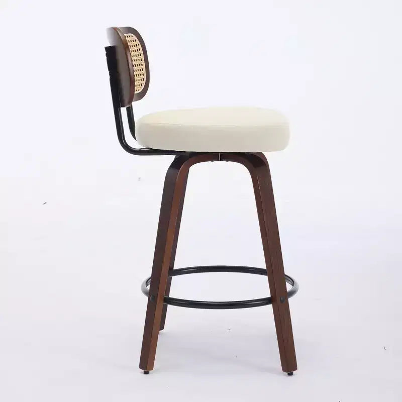 Homy Casa - Ensemble de 3 tabourets de bar pivotants à hauteur de comptoir, dossier en rotin avec assise rembourrée, pieds en bois de noyer, hauteur d'assise de 65 cm