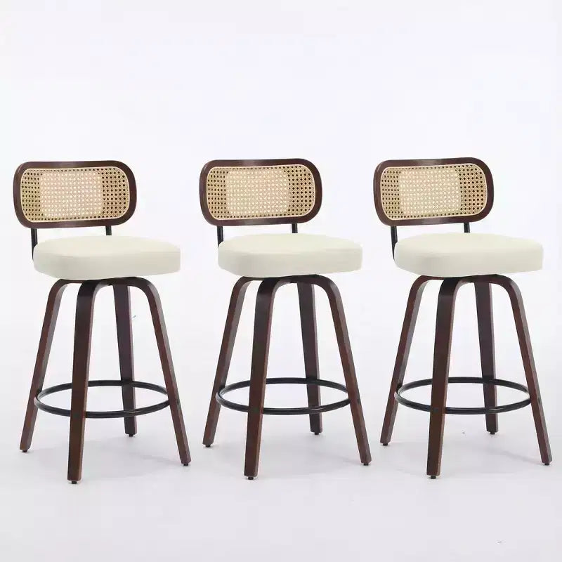 Homy Casa - Ensemble de 3 tabourets de bar pivotants à hauteur de comptoir, dossier en rotin avec assise rembourrée, pieds en bois de noyer, hauteur d'assise de 65 cm
