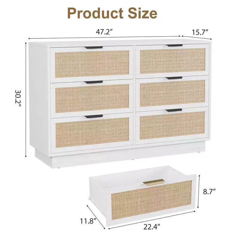Commode 6 tiroirs en rotin, 120 cm de large, blanche, avec poignées métalliques et base en bois robuste pour chambre, salon, chambre d'enfant, placard