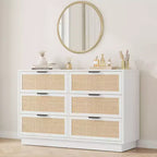Commode 6 tiroirs en rotin, 120 cm de large, blanche, avec poignées métalliques et base en bois robuste pour chambre, salon, chambre d'enfant, placard