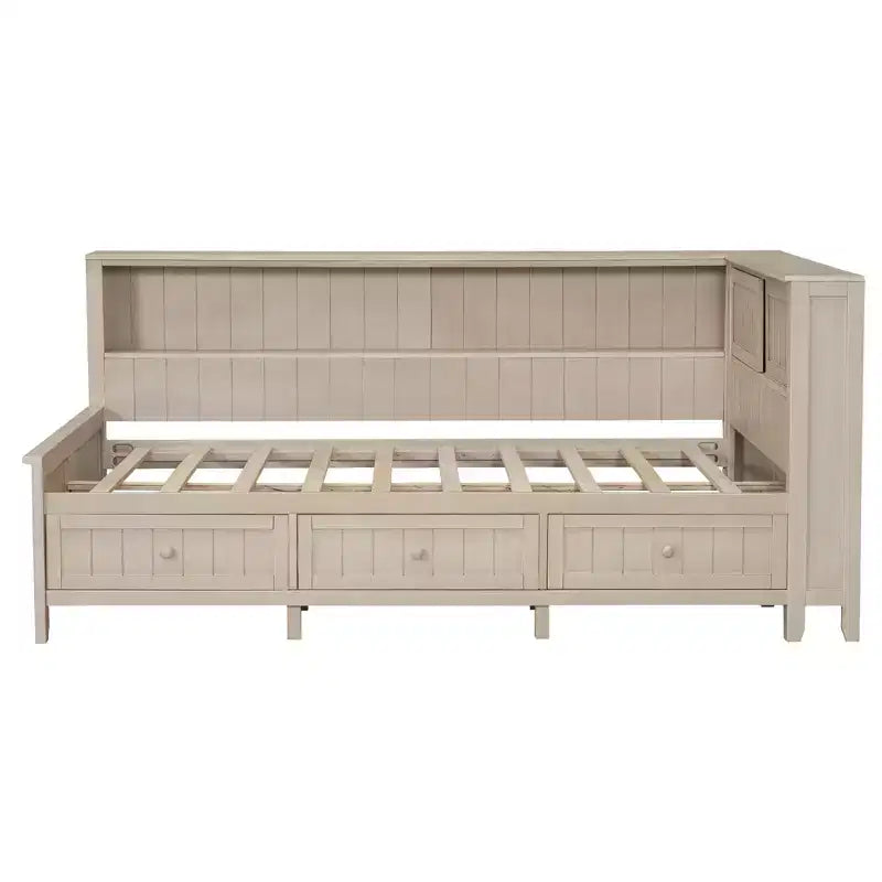 Lit banquette de rangement en bois, cadre de lit plateforme avec étagères et 3 tiroirs et portes coulissantes, lit d'angle en L avec rangements, blanc antique