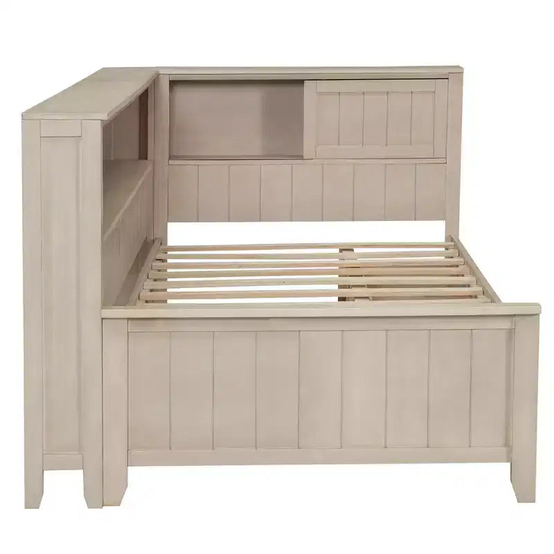 Lit banquette de rangement en bois, cadre de lit plateforme avec étagères et 3 tiroirs et portes coulissantes, lit d'angle en L avec rangements, blanc antique