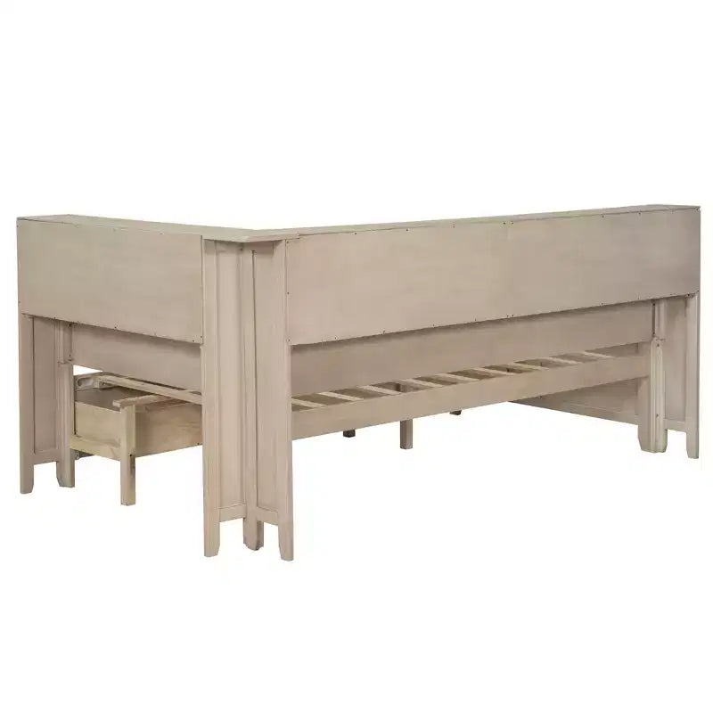 Lit banquette de rangement en bois, cadre de lit plateforme avec étagères et 3 tiroirs et portes coulissantes, lit d'angle en L avec rangements, blanc antique