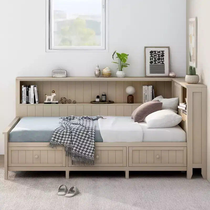 Lit banquette de rangement en bois, cadre de lit plateforme avec étagères et 3 tiroirs et portes coulissantes, lit d'angle en L avec rangements, blanc antique