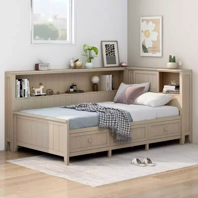 Lit banquette de rangement en bois, cadre de lit plateforme avec étagères et 3 tiroirs et portes coulissantes, lit d'angle en L avec rangements, blanc antique