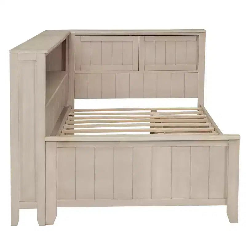 Lit banquette de rangement en bois, cadre de lit plateforme avec étagères et 3 tiroirs et portes coulissantes, lit d'angle en L avec rangements, blanc antique
