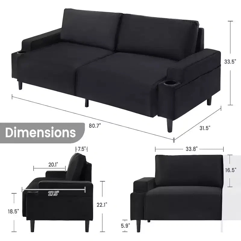 Canapé moderne causeuse de 206 cm, petits canapés avec porte-gobelet et sac de rangement, 3 places assises profondes avec coussins moelleux et cadre robuste pour bureau à domicile