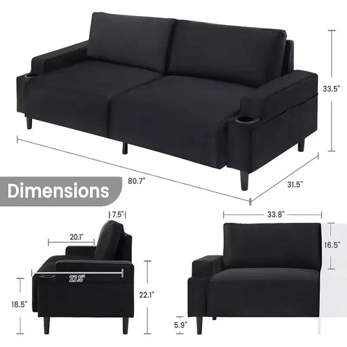 Canapé moderne causeuse de 206 cm, petits canapés avec porte-gobelet et sac de rangement, 3 places assises profondes avec coussins moelleux et cadre robuste pour bureau à domicile