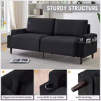 Canapé moderne causeuse de 206 cm, petits canapés avec porte-gobelet et sac de rangement, 3 places assises profondes avec coussins moelleux et cadre robuste pour bureau à domicile