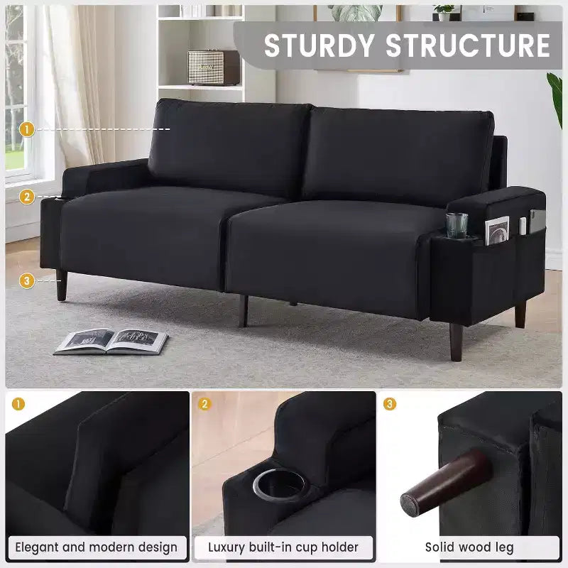 Canapé moderne causeuse de 206 cm, petits canapés avec porte-gobelet et sac de rangement, 3 places assises profondes avec coussins moelleux et cadre robuste pour bureau à domicile