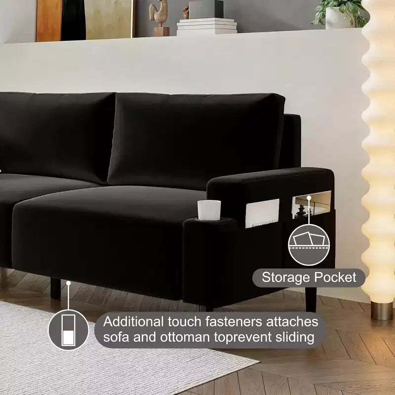 Canapé moderne causeuse de 206 cm, petits canapés avec porte-gobelet et sac de rangement, 3 places assises profondes avec coussins moelleux et cadre robuste pour bureau à domicile