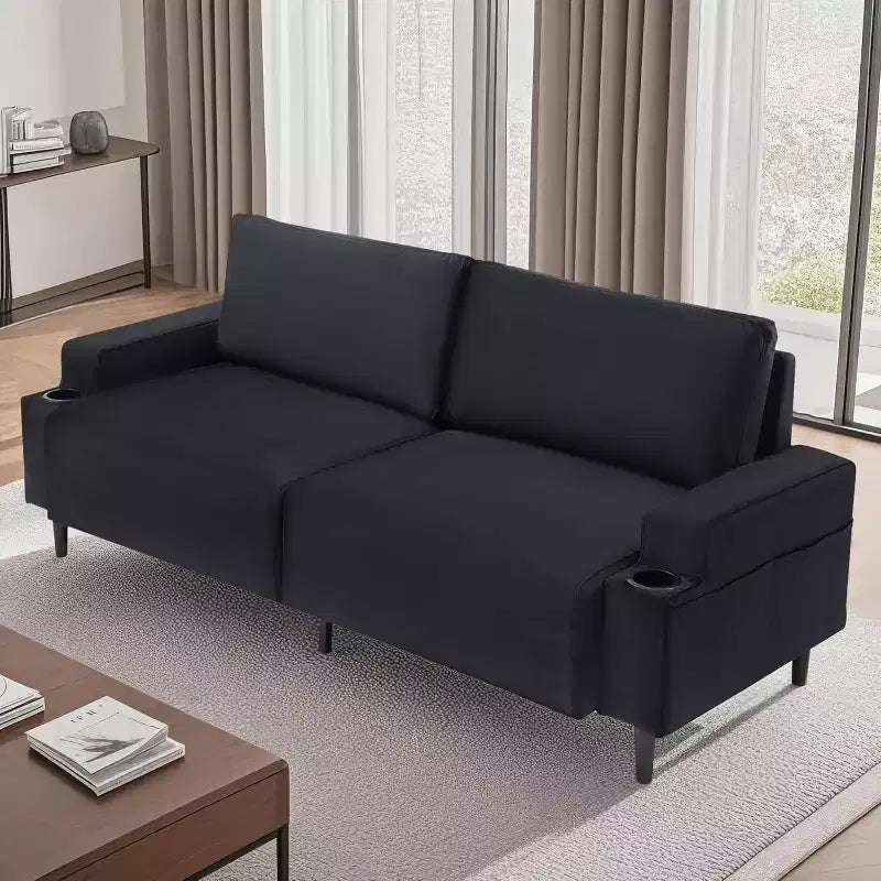 Canapé moderne causeuse de 206 cm, petits canapés avec porte-gobelet et sac de rangement, 3 places assises profondes avec coussins moelleux et cadre robuste pour bureau à domicile