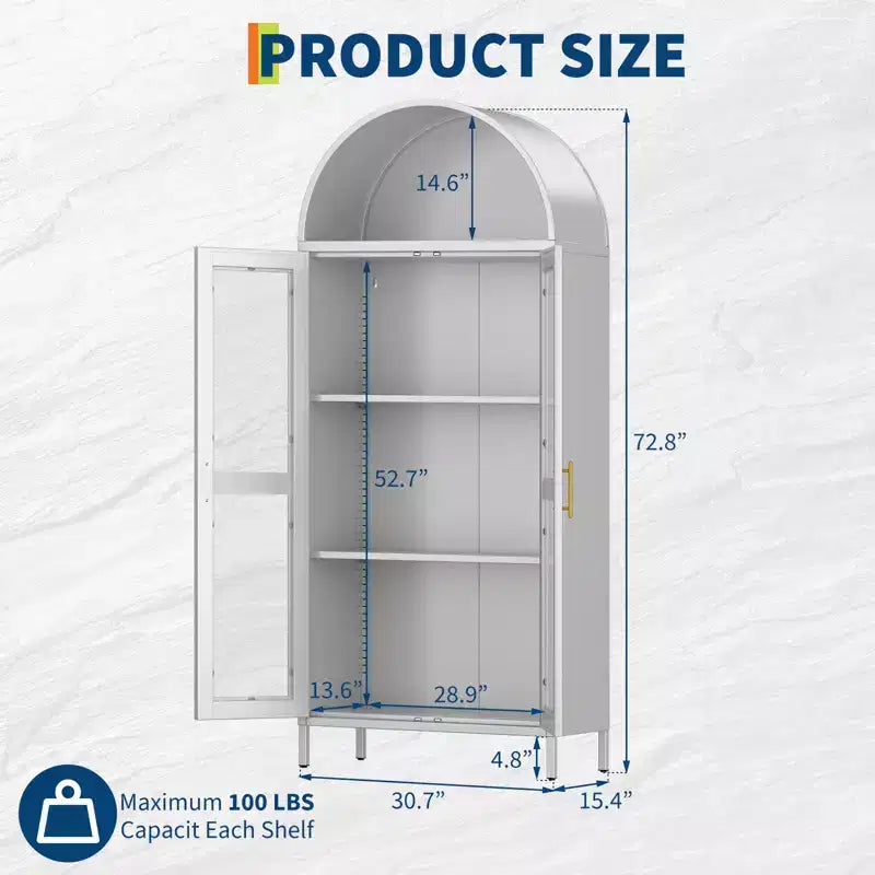 Meuble de rangement moderne en métal cintré de 73 po avec portes vitrées et 2 étagères réglables, unité de rangement supérieure arquée pour garde-manger, salon et salles à manger