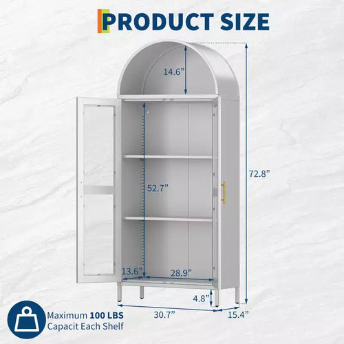 Meuble de rangement moderne en métal cintré de 73 po avec portes vitrées et 2 étagères réglables, unité de rangement supérieure arquée pour garde-manger, salon et salles à manger