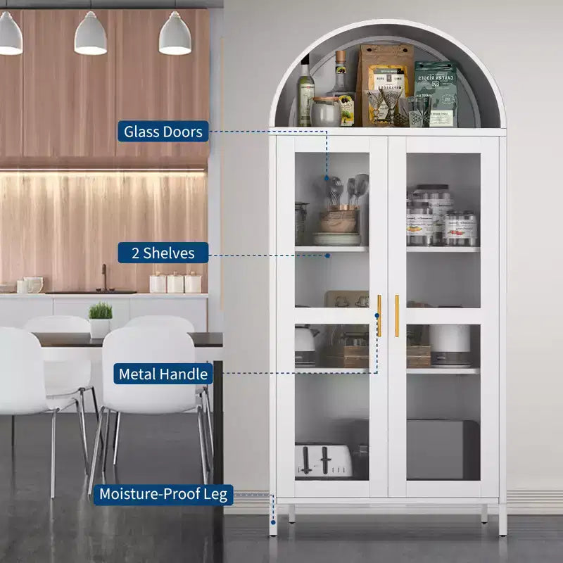 Meuble de rangement moderne en métal cintré de 73 po avec portes vitrées et 2 étagères réglables, unité de rangement supérieure arquée pour garde-manger, salon et salles à manger