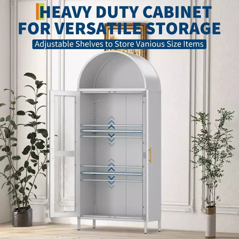 Meuble de rangement moderne en métal cintré de 73 po avec portes vitrées et 2 étagères réglables, unité de rangement supérieure arquée pour garde-manger, salon et salles à manger