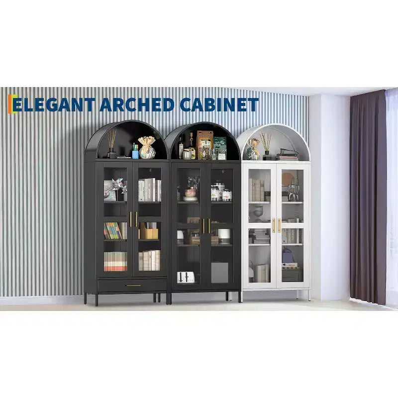 Meuble de rangement moderne en métal cintré de 73 po avec portes vitrées et 2 étagères réglables, unité de rangement supérieure arquée pour garde-manger, salon et salles à manger