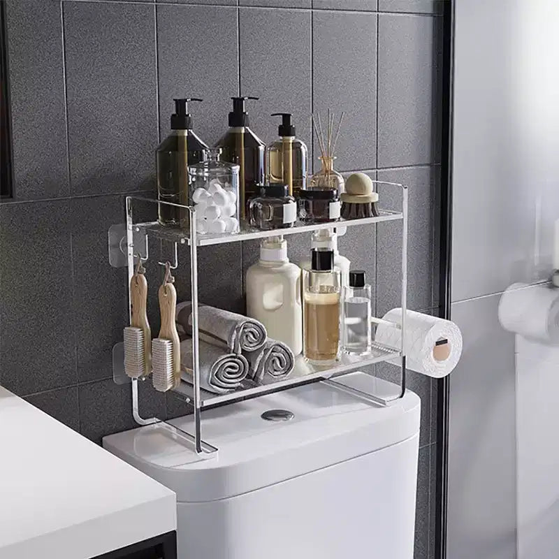 Étagère de salle de bain à 2 niveaux, organisateur de rangement multifonctionnel en métal peu encombrant au-dessus des toilettes avec 2 crochets