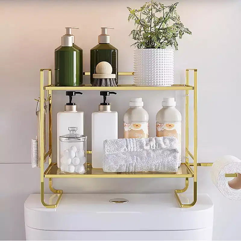 Étagère de salle de bain à 2 niveaux, organisateur de rangement multifonctionnel en métal peu encombrant au-dessus des toilettes avec 2 crochets