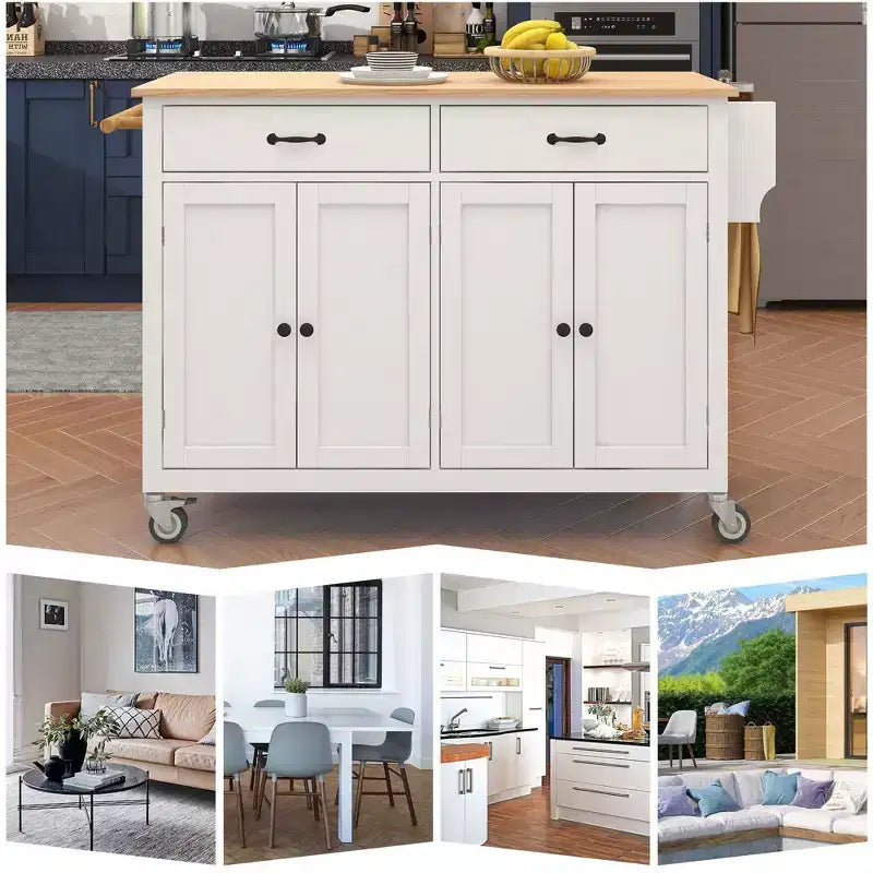 Îlot de cuisine moderne Okak avec abattant et étagères réglables, chariot de cuisine roulant avec roues et tiroirs, table à manger pliante avec armoire de rangement
