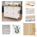 Îlot de cuisine moderne Okak avec abattant et étagères réglables, chariot de cuisine roulant avec roues et tiroirs, table à manger pliante avec armoire de rangement
