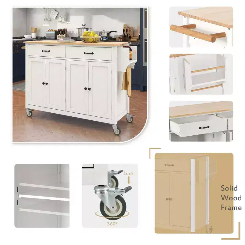 Îlot de cuisine moderne Okak avec abattant et étagères réglables, chariot de cuisine roulant avec roues et tiroirs, table à manger pliante avec armoire de rangement