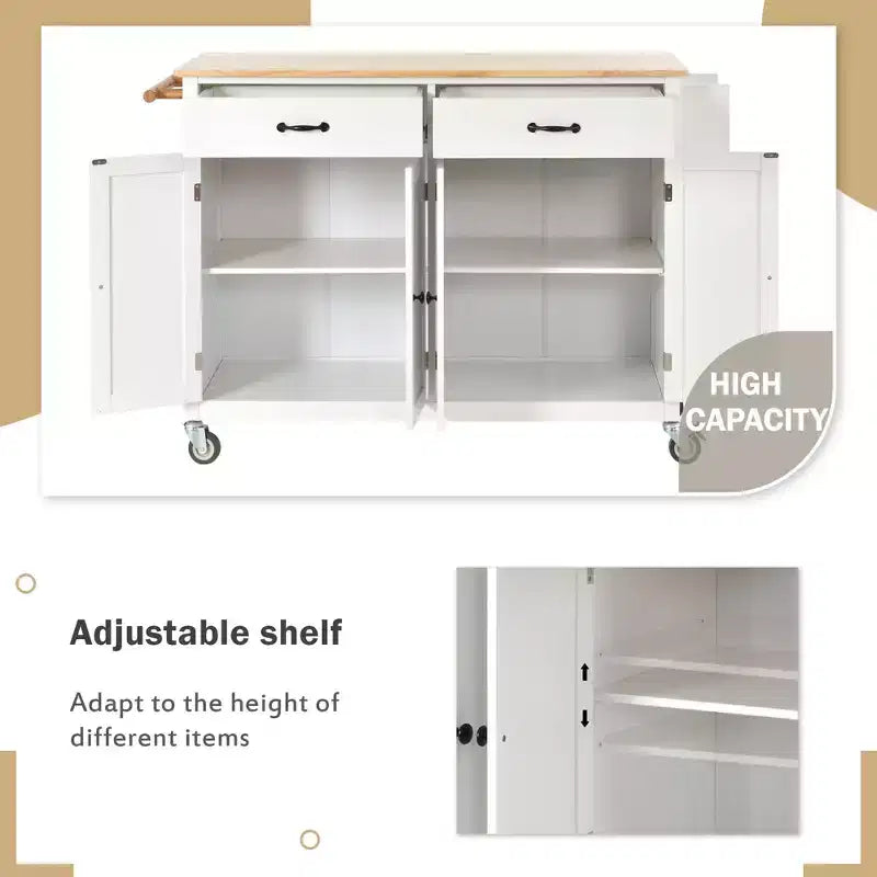 Îlot de cuisine moderne Okak avec abattant et étagères réglables, chariot de cuisine roulant avec roues et tiroirs, table à manger pliante avec armoire de rangement