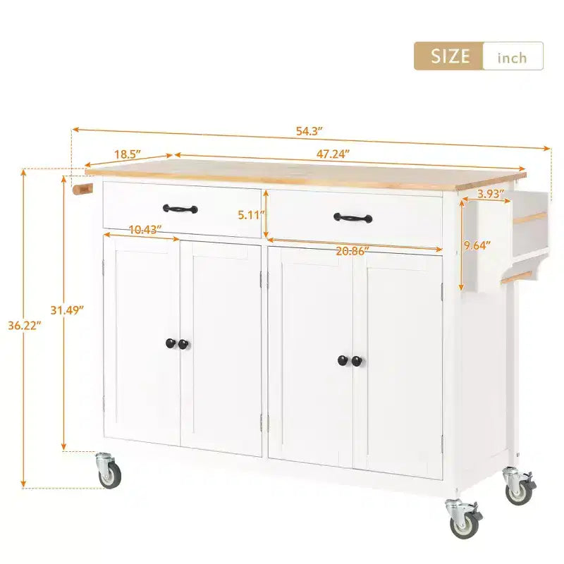 Îlot de cuisine moderne Okak avec abattant et étagères réglables, chariot de cuisine roulant avec roues et tiroirs, table à manger pliante avec armoire de rangement