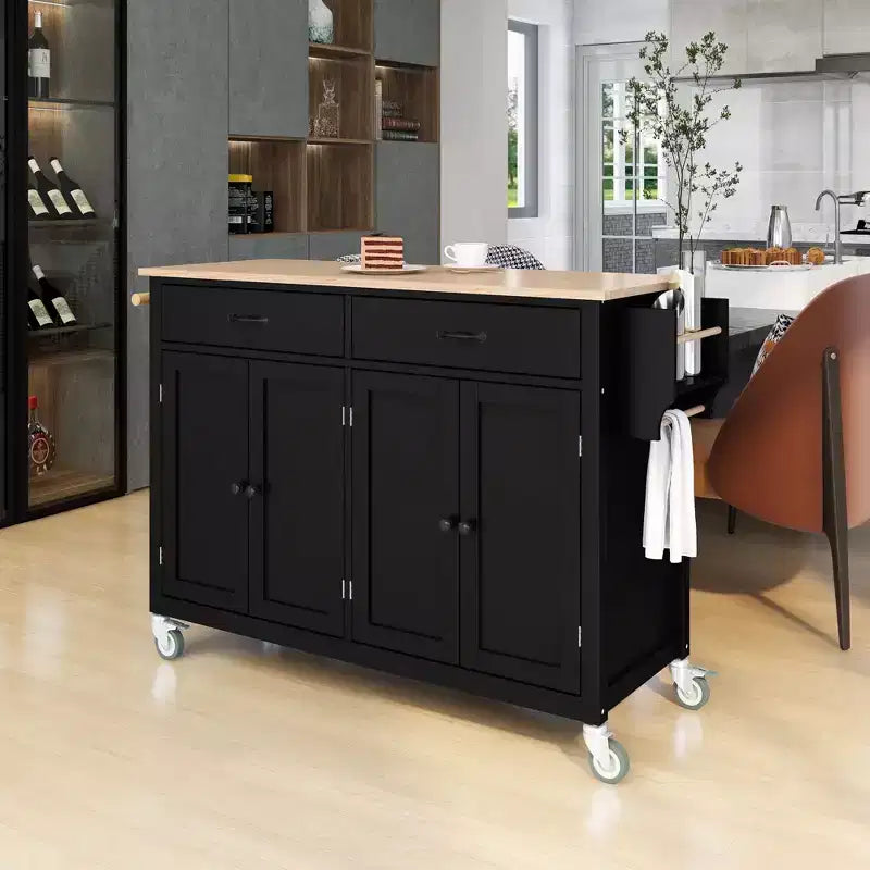Îlot de cuisine moderne Okak avec abattant et étagères réglables, chariot de cuisine roulant avec roues et tiroirs, table à manger pliante avec armoire de rangement