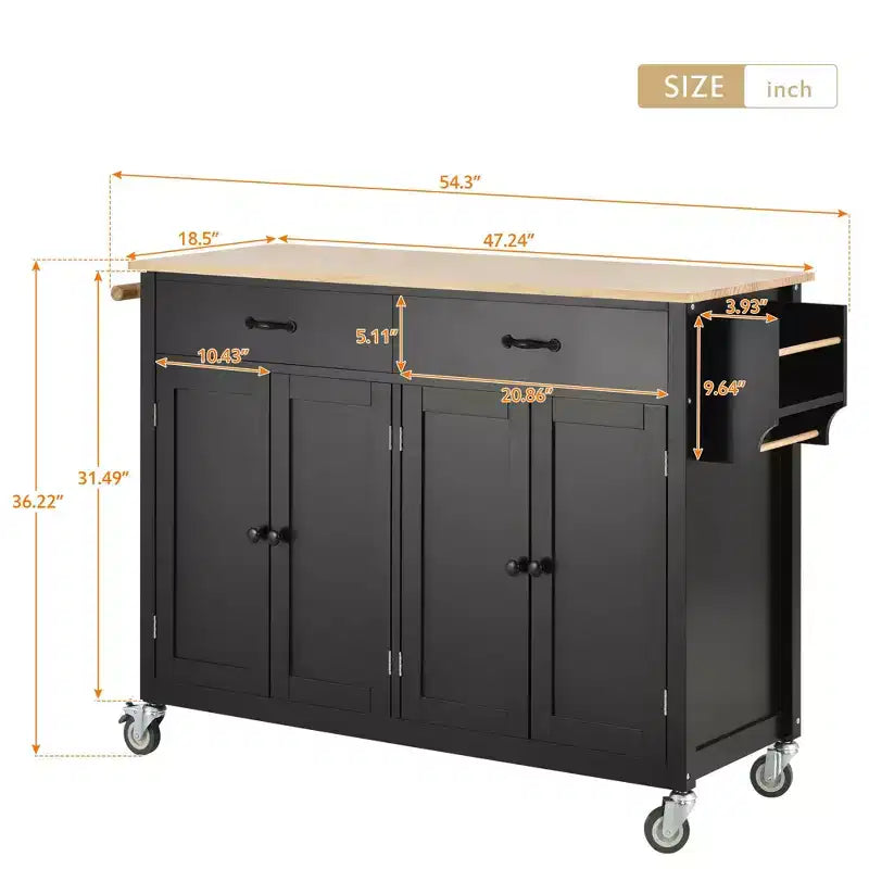 Îlot de cuisine moderne Okak avec abattant et étagères réglables, chariot de cuisine roulant avec roues et tiroirs, table à manger pliante avec armoire de rangement