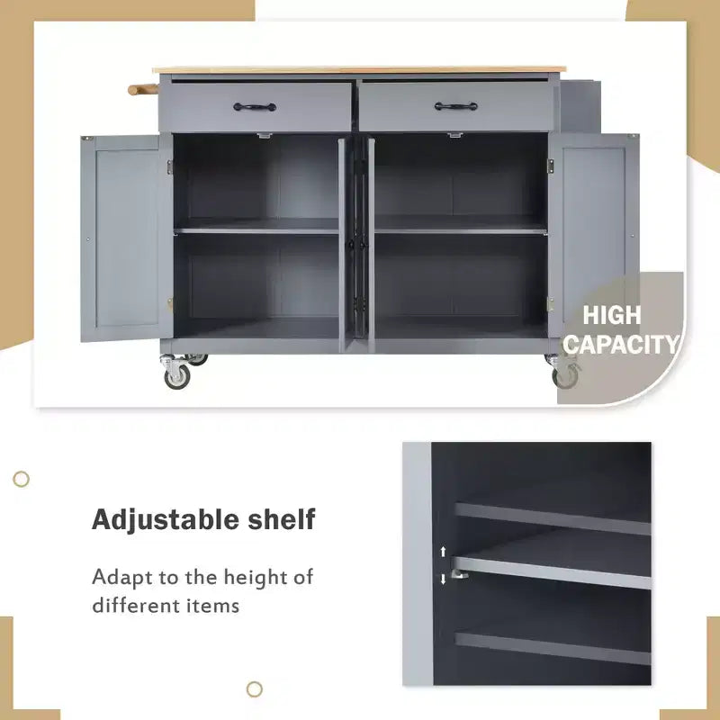 Îlot de cuisine moderne Okak avec abattant et étagères réglables, chariot de cuisine roulant avec roues et tiroirs, table à manger pliante avec armoire de rangement