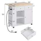Îlot de cuisine moderne Okak avec abattant et étagères réglables, chariot de cuisine roulant avec étagères et tiroirs, table de salle à manger pliante avec armoire de rangement