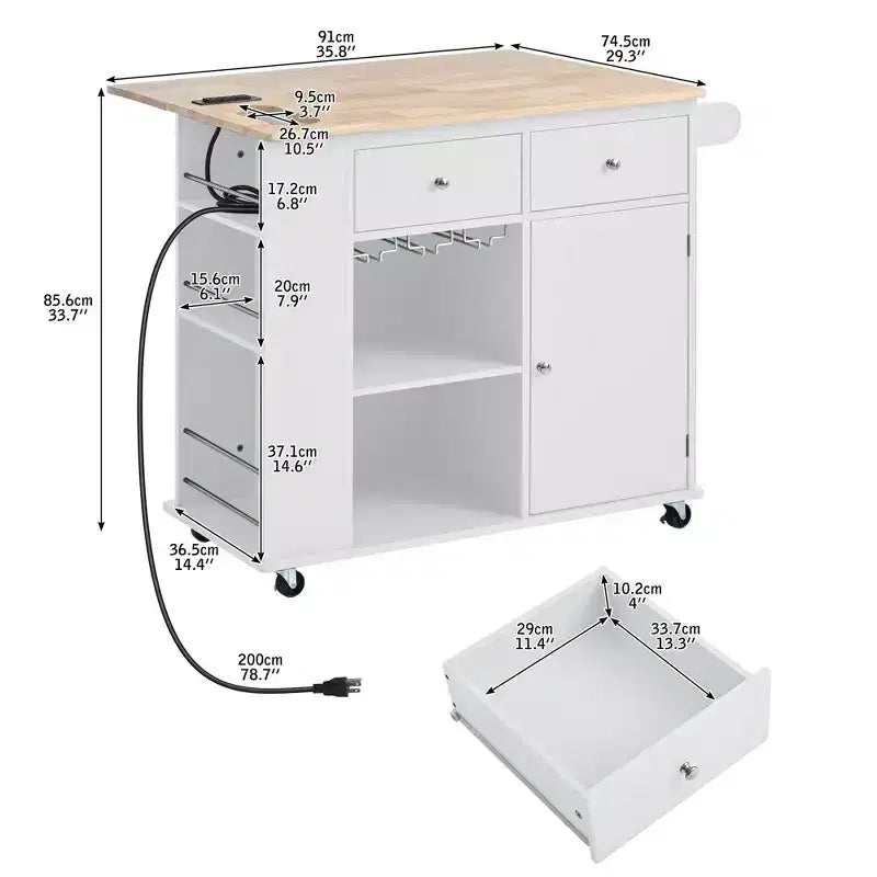 Îlot de cuisine moderne Okak avec abattant et étagères réglables, chariot de cuisine roulant avec étagères et tiroirs, table de salle à manger pliante avec armoire de rangement
