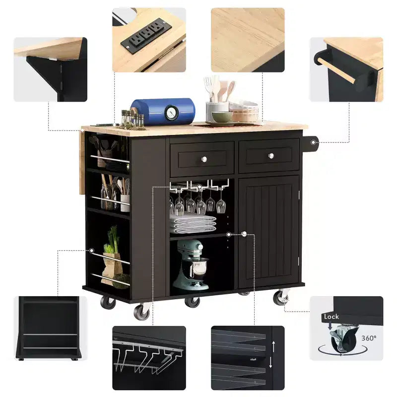 Îlot de cuisine moderne Okak avec abattant et étagères réglables, chariot de cuisine roulant avec étagères et tiroirs, table de salle à manger pliante avec armoire de rangement