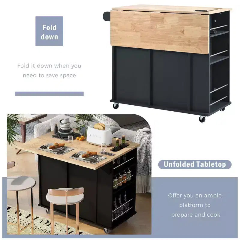 Îlot de cuisine moderne Okak avec abattant et étagères réglables, chariot de cuisine roulant avec étagères et tiroirs, table de salle à manger pliante avec armoire de rangement