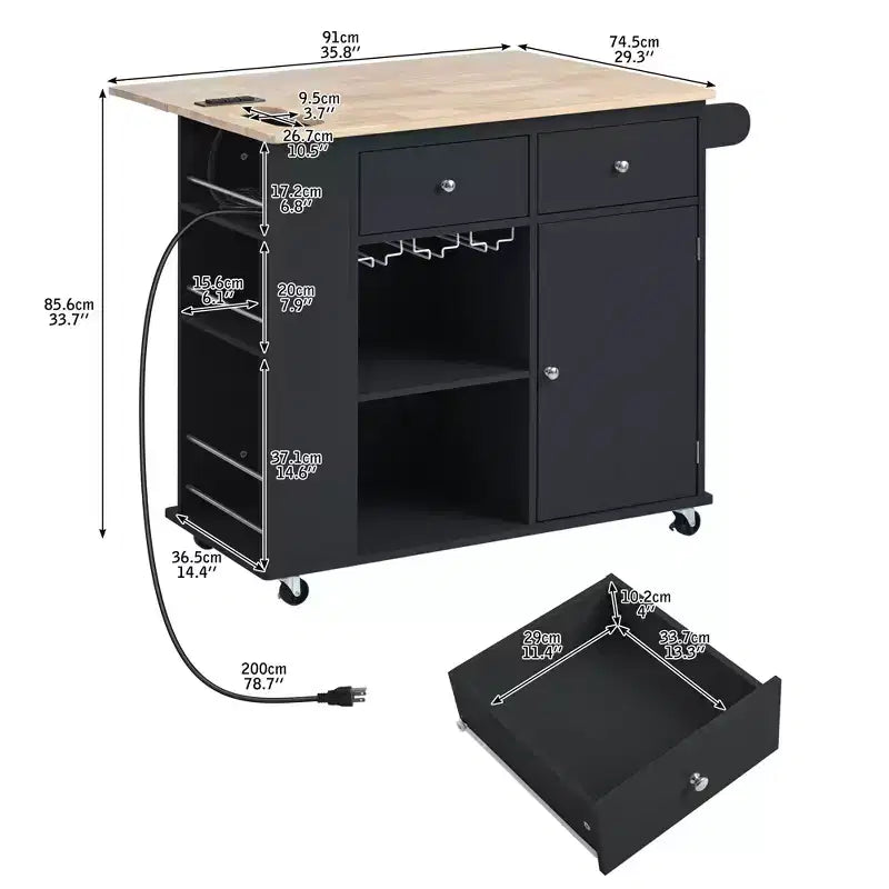 Îlot de cuisine moderne Okak avec abattant et étagères réglables, chariot de cuisine roulant avec étagères et tiroirs, table de salle à manger pliante avec armoire de rangement