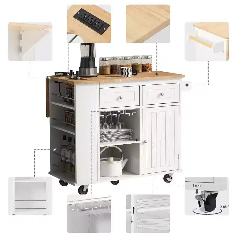 Îlot de cuisine moderne Okak avec abattant et étagères réglables, chariot de cuisine roulant avec étagères et tiroirs, table de salle à manger pliante avec armoire de rangement