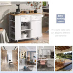 Îlot de cuisine moderne Okak avec abattant et étagères réglables, chariot de cuisine roulant avec étagères et tiroirs, table de salle à manger pliante avec armoire de rangement