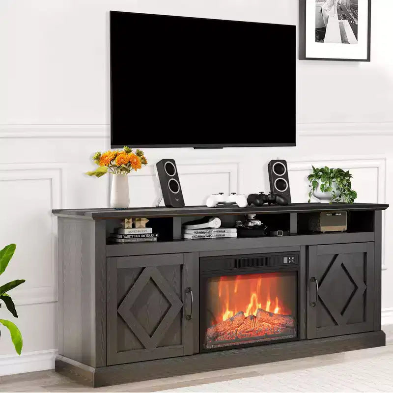 Meuble TV de cheminée de 67 pouces avec cheminée électrique de 23 pouces, effet de flamme 3D, luminosité réglable, télécommande, étagères ouvertes et espace de rangement