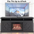 Meuble TV de cheminée de 67 pouces avec cheminée électrique de 23 pouces, effet de flamme 3D, luminosité réglable, télécommande, étagères ouvertes et espace de rangement