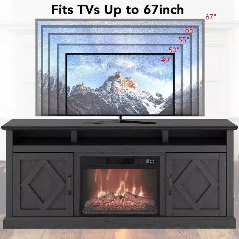Meuble TV de cheminée de 67 pouces avec cheminée électrique de 23 pouces, effet de flamme 3D, luminosité réglable, télécommande, étagères ouvertes et espace de rangement