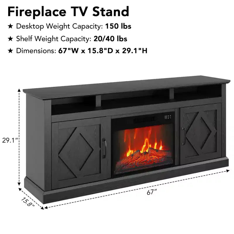 Meuble TV de cheminée de 67 pouces avec cheminée électrique de 23 pouces, effet de flamme 3D, luminosité réglable, télécommande, étagères ouvertes et espace de rangement