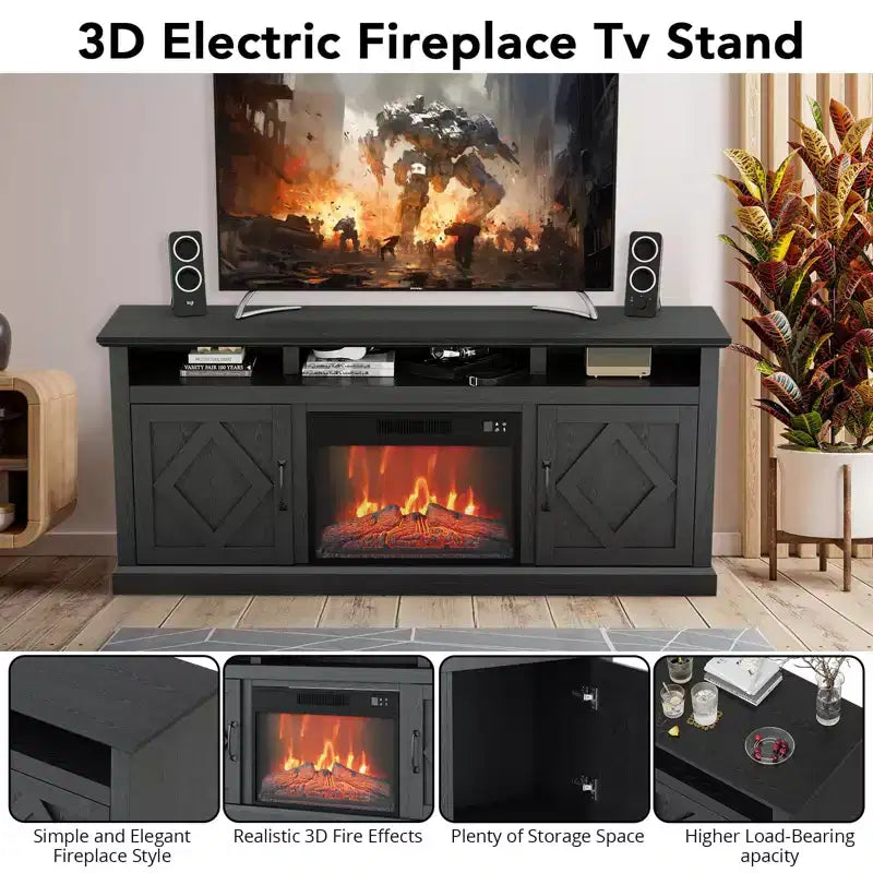 Meuble TV de cheminée de 67 pouces avec cheminée électrique de 23 pouces, effet de flamme 3D, luminosité réglable, télécommande, étagères ouvertes et espace de rangement