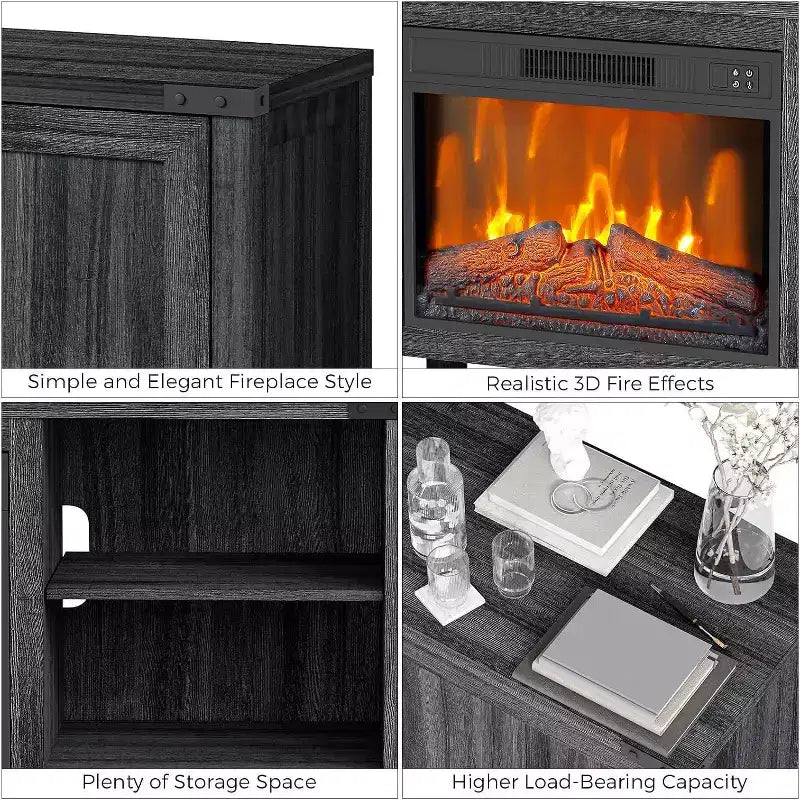 Meuble TV de cheminée de 67 pouces avec cheminée électrique de 23 pouces, effet de flamme 3D, luminosité réglable, télécommande, étagères ouvertes et espace de rangement