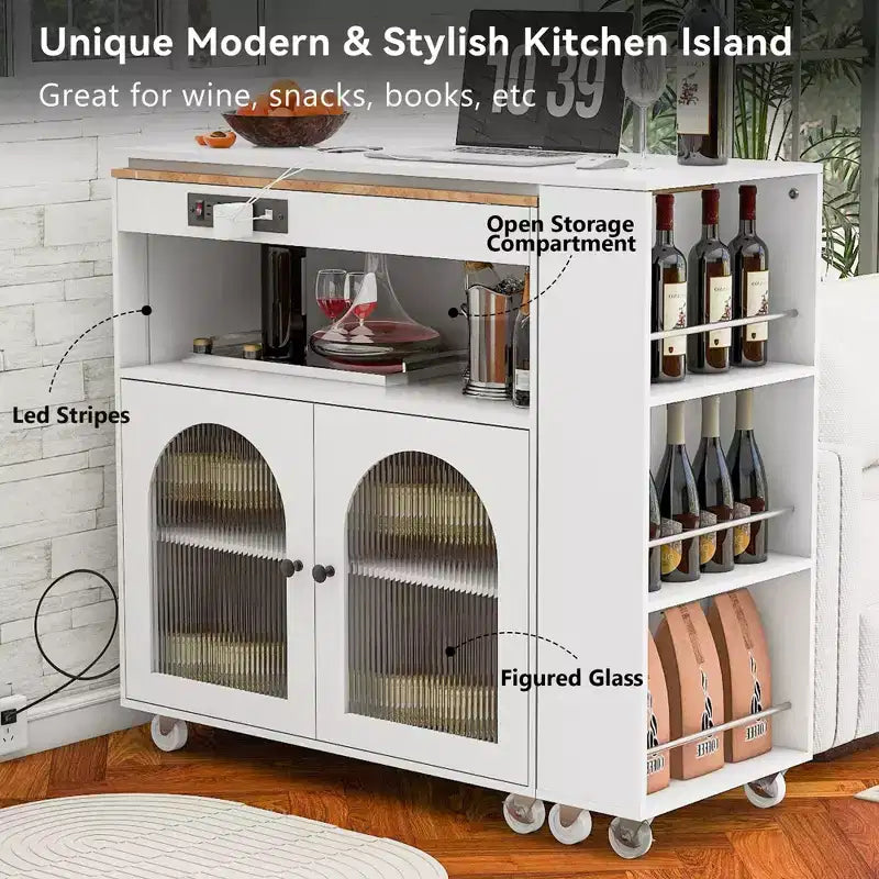 JVNOXK - Îlot de cuisine roulant extensible avec éclairage LED, prises de courant et panneaux en verre dépoli à double porte, blanc